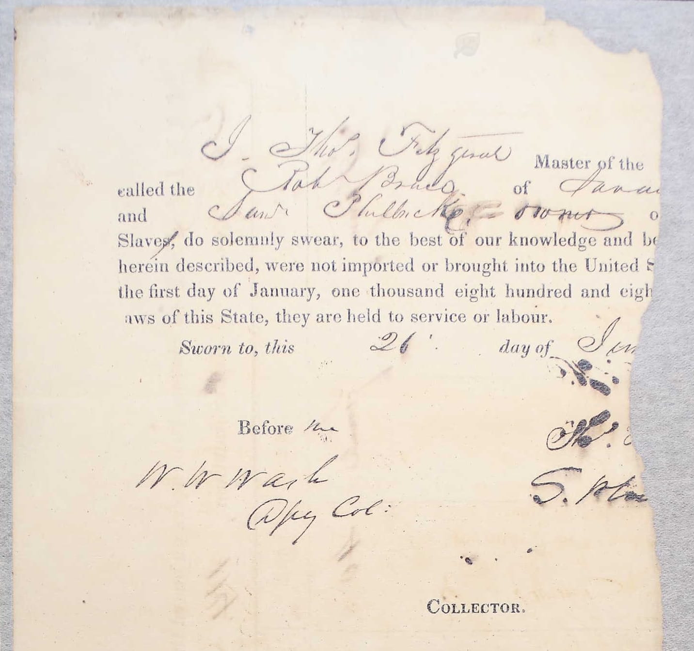 I, Thos. Fitzgeral[d], Master of the [Brig] called the Rob't Bruce of Sava[nnah], and Saml Philbrick, owner o[f the] Slaves, do solemnly swear, to the best of our knowledge and be[lief, that the persons] herein described, were not imported or brought into the United S[tates since] the first day of January, one thousand eight hundred and eigh[t, and that under the l]aws of this State, they are held to service or labour. Sworn to, this 26' day of J[une 1841]. Before me, W. W. Wash, Dpy Col. [Signed] Th[os. Fitzgerald], S. Ph[ilbrick].