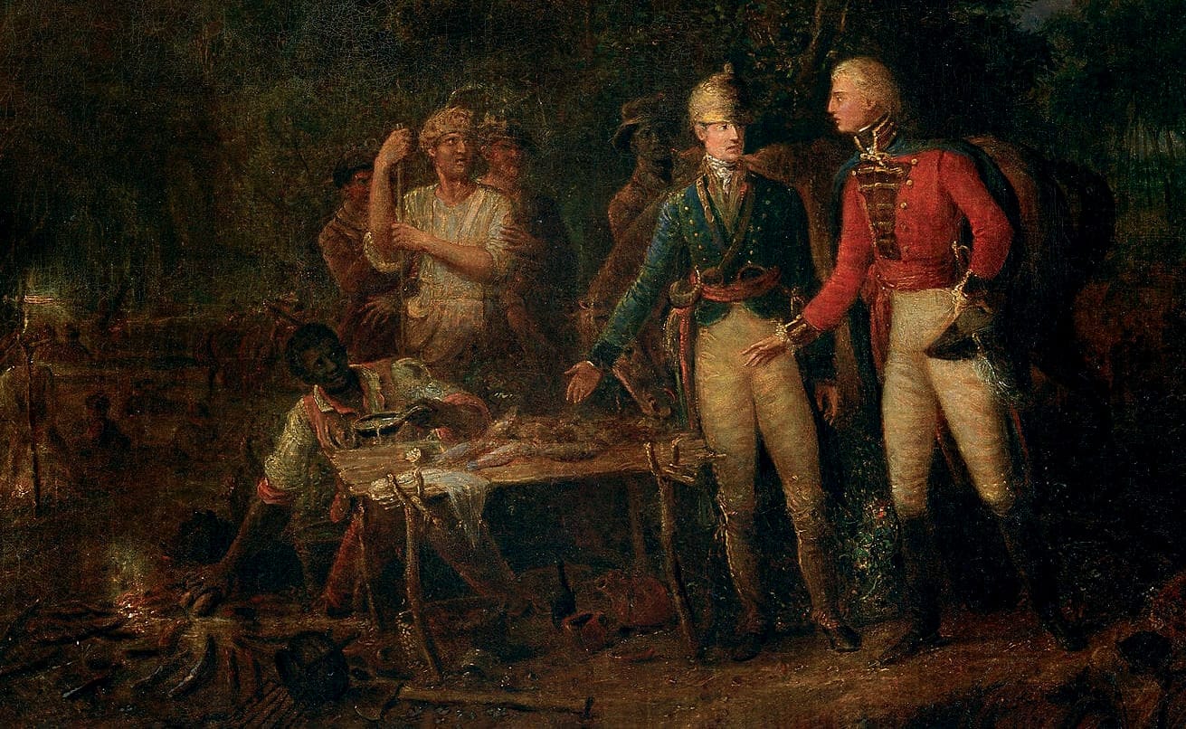 A painting in which Francis Marion offers a British emissary the only fare his swamp camp has—roasted sweet potatoes—while an enslaved man named Oscar tends the fire.