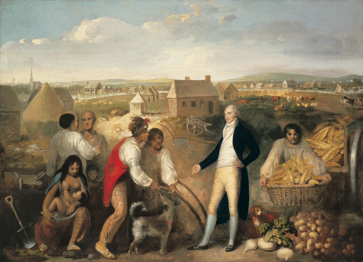 A white man gestures as Muscogee farmers look on, surrounded by a wagon of corn, giant turnips, and a pile of potatoes. In the background, a plantation.