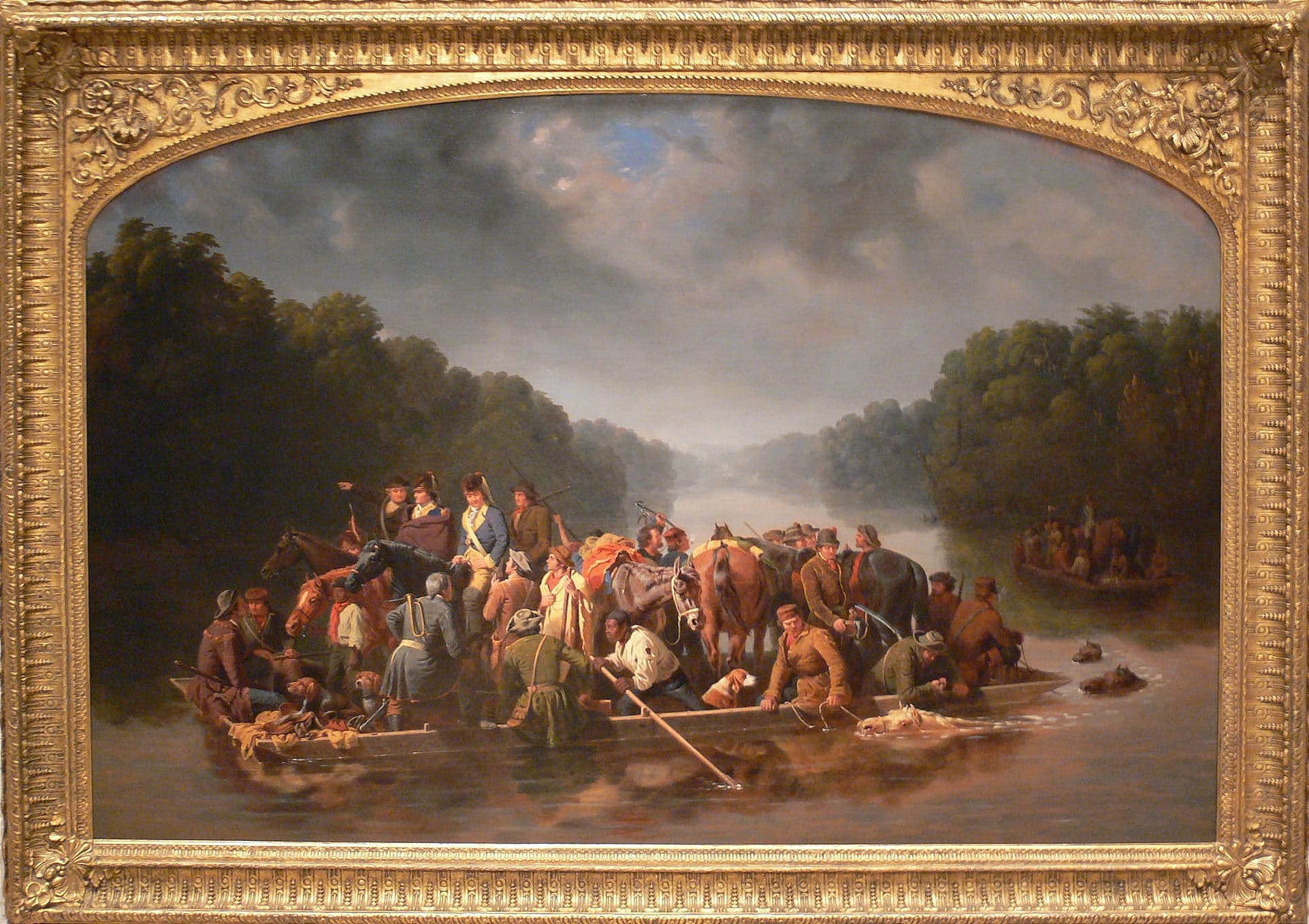A framed painting of a barge full of men and horses crossing a river. At center, a black man operates the pole that pushed the barge along.