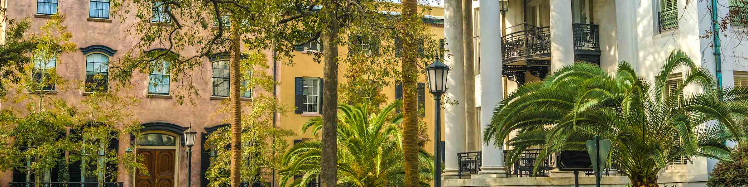 Palms and other greenery stand in front of historic buildings.