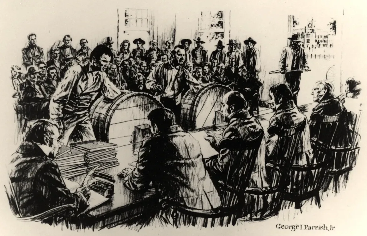 Ink drawing of men drawing lots from lottery wheels, while other men record the results.