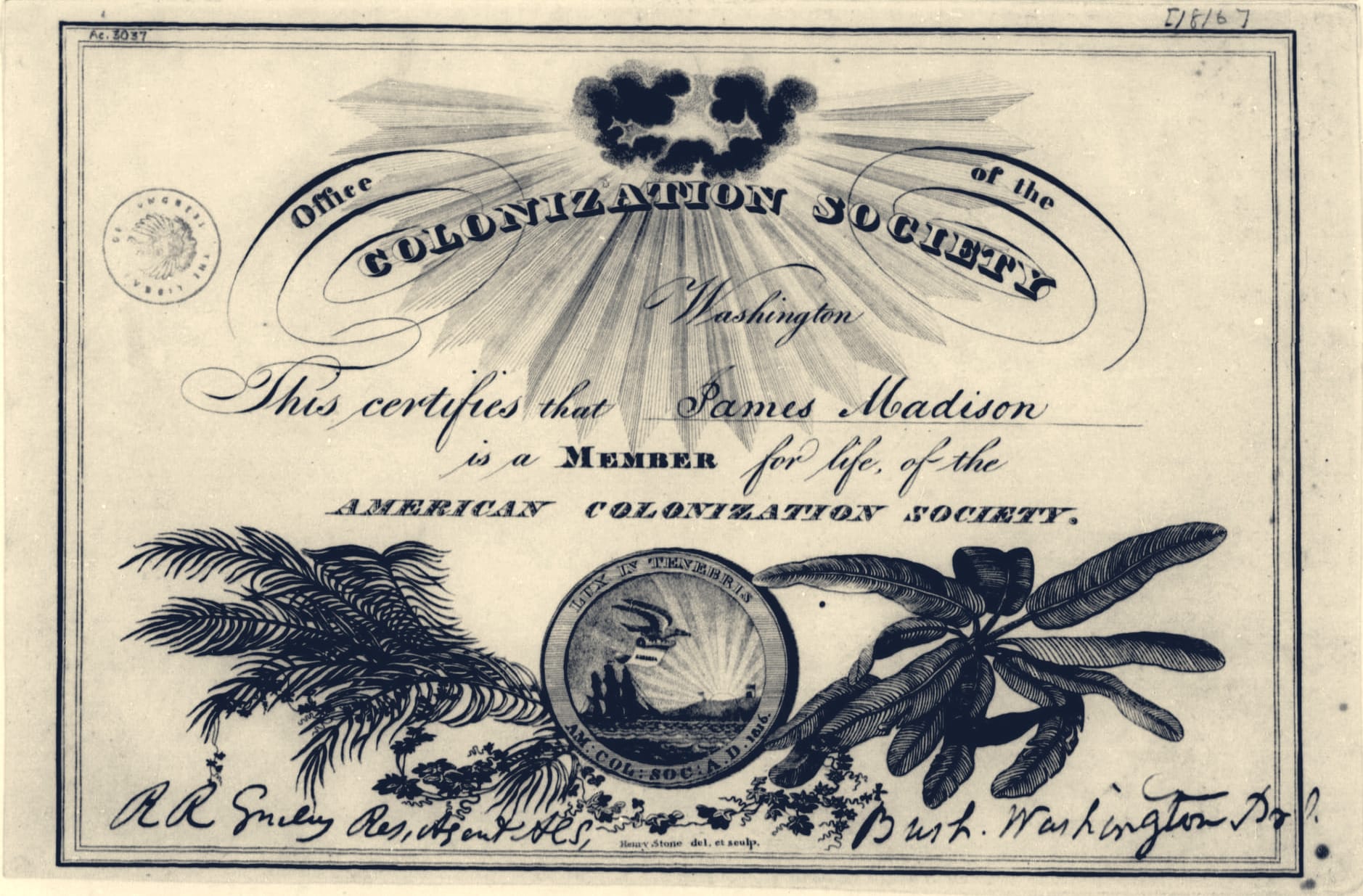 An engraved certificate reading "This certifies that James Madison is a member for life, of the American Colonization Society," decorated with palm fronds and a circular seal in which a ship follows a flying bird toward a sunrise.