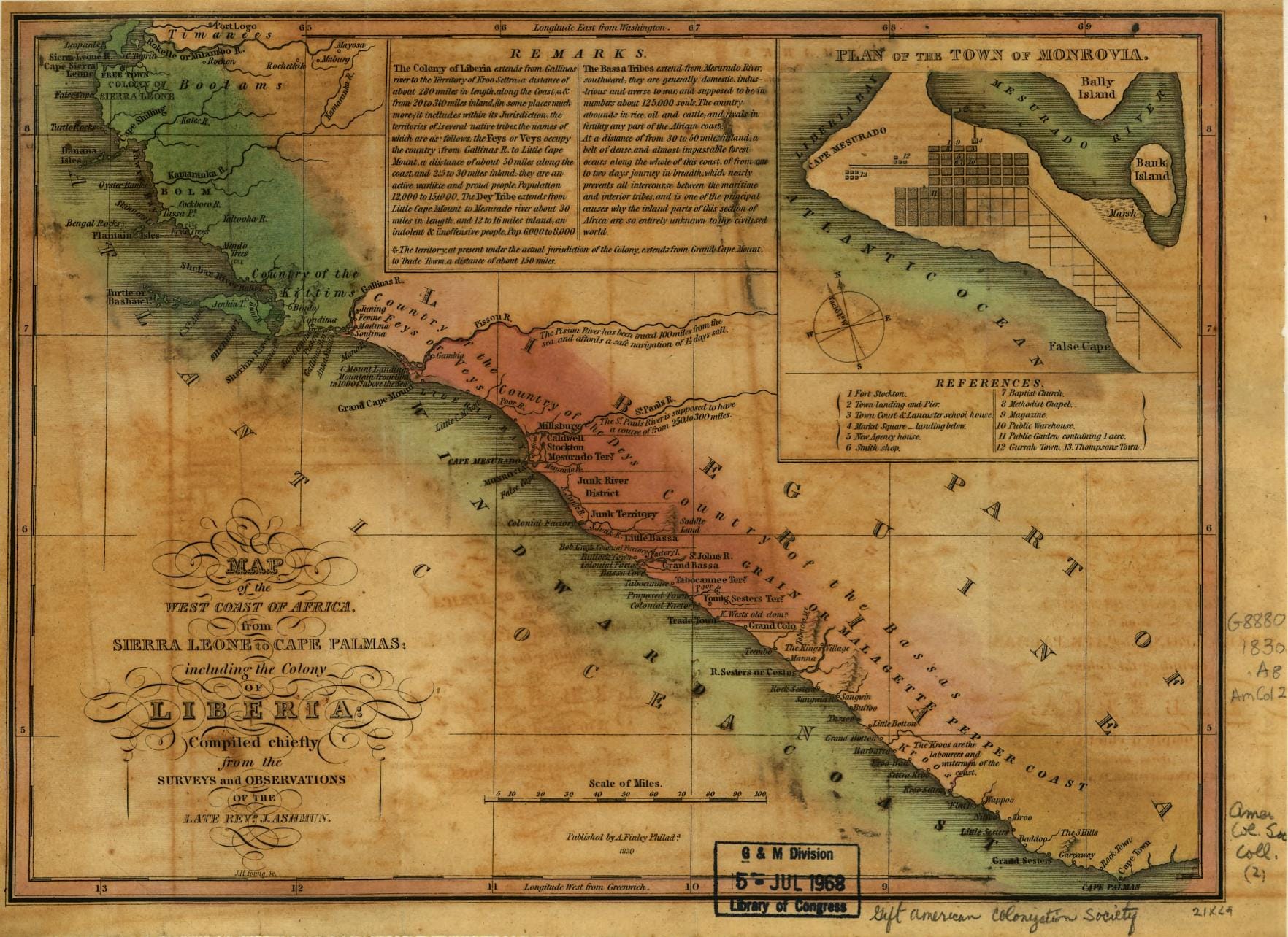 A hand-colored 1830 map of the West African coast from Sierra Leone to Cape Palmas, crowded with place names, with a paragraph of remarks at top center and an inset plan of the town of Monrovia at upper right.