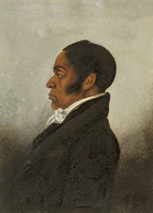 A small watercolor portrait of James Forten in profile: a Black man with graying sideburns, wearing a dark coat and white cravat, against a plain gray ground.