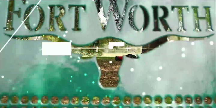 A video still shows a sign or bench with the words "Fort Worth" and the outline of a longhorn steer.