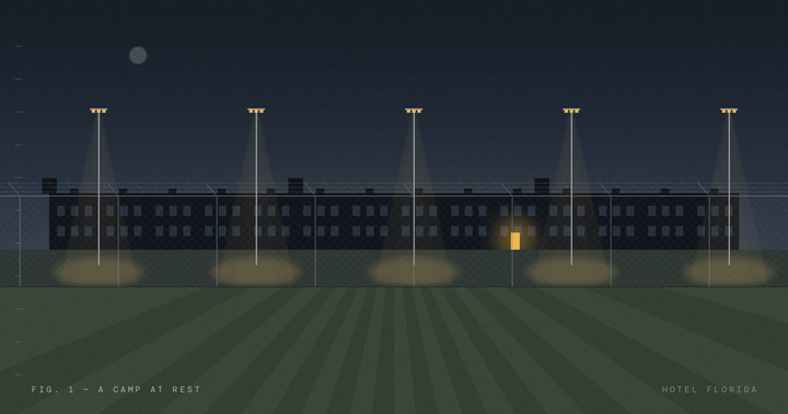 A computer-generated illustration of an empty but maintained detention camp.