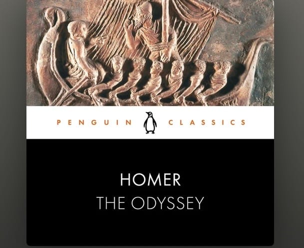 The book cover of the Penguin Classics version of Homer’s Odyssey. A bronze sculpture of a shop with men on board.