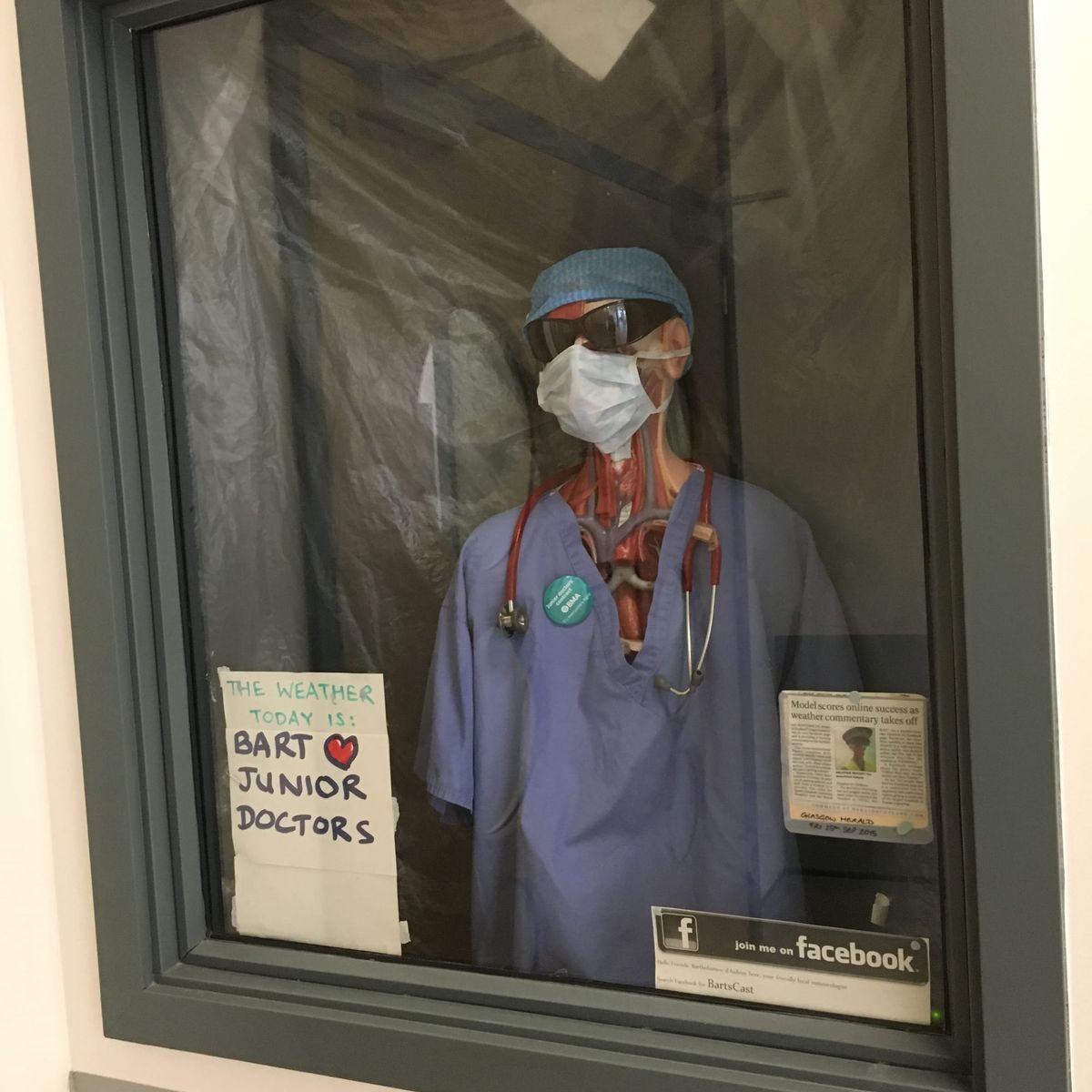 An anatomy model dressed in a scrub top, sunglasses and surgical mask with a sign saying ‘Bart loves junior doctors’. 2016. 