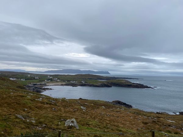 an overcast grey sky over a bay in the county of donegal. november 2023.