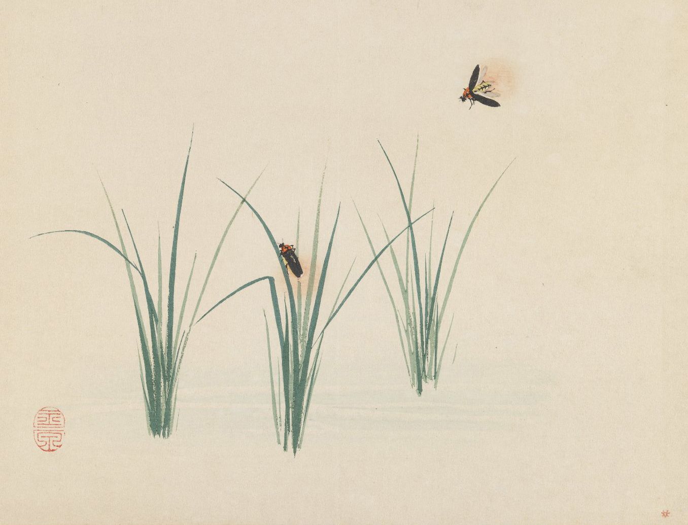 A firefly clings to a thin blade of grass. Above another flies and signals with a flashing light.