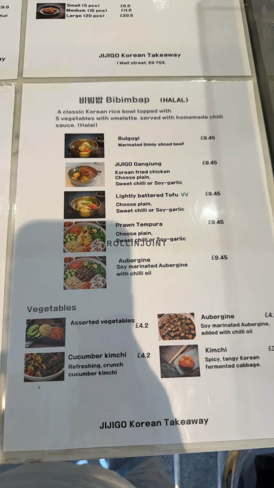 The menu at Jijigo, E9, London
