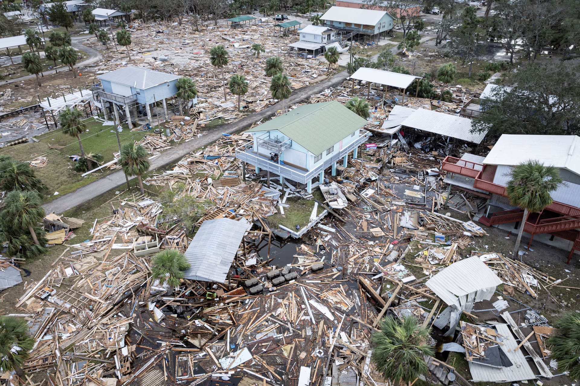 A drone view shows a flooded and damaged area following Hurricane Helene in Horseshoe Beach, Florida, September 28. &nbsp;REUTERS/Marco Bello