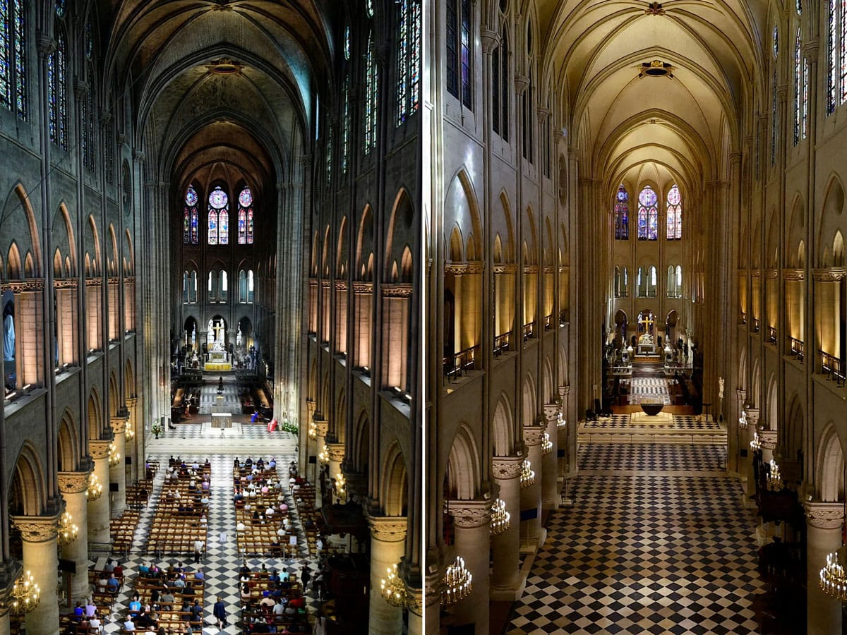 The nave of Notre Dame Cathedral in Paris on Nov. 29, 2024 (right) and on June 28, 2017 (left). Martin Bureau and Sarah Meyssonnier/AFP/Getty Images