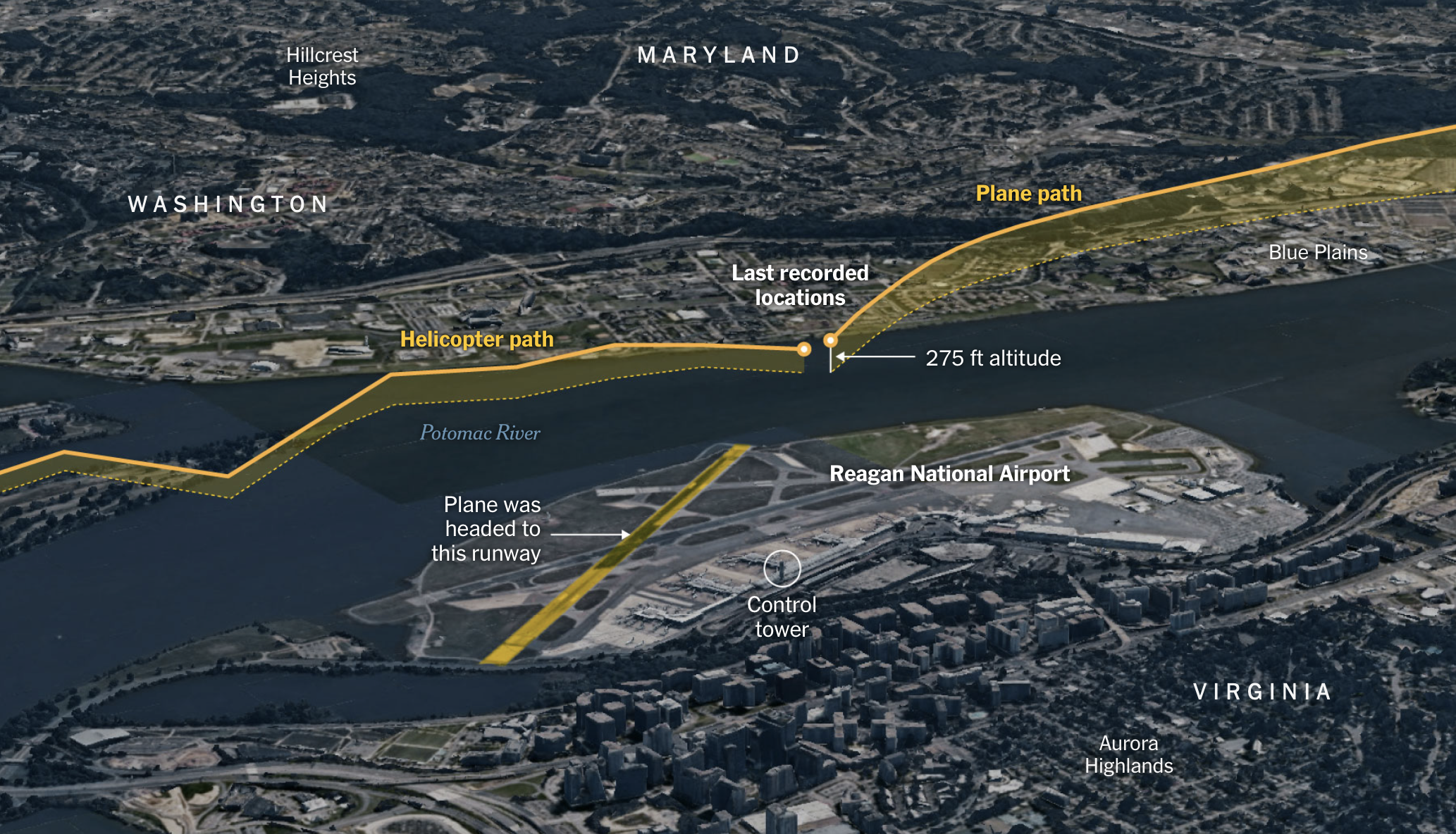 Sources: Flight data by Flightradar24 (jet) and ADS-B Exchange (helicopter); aerial image from Google Earth Studio with data from SIO, NOAA and U.S. Navy. Notes: Flight altitude is an estimate based on publicly available data. The last recorded locations of the two aircraft were transmitted at slightly different times. By The New York Times