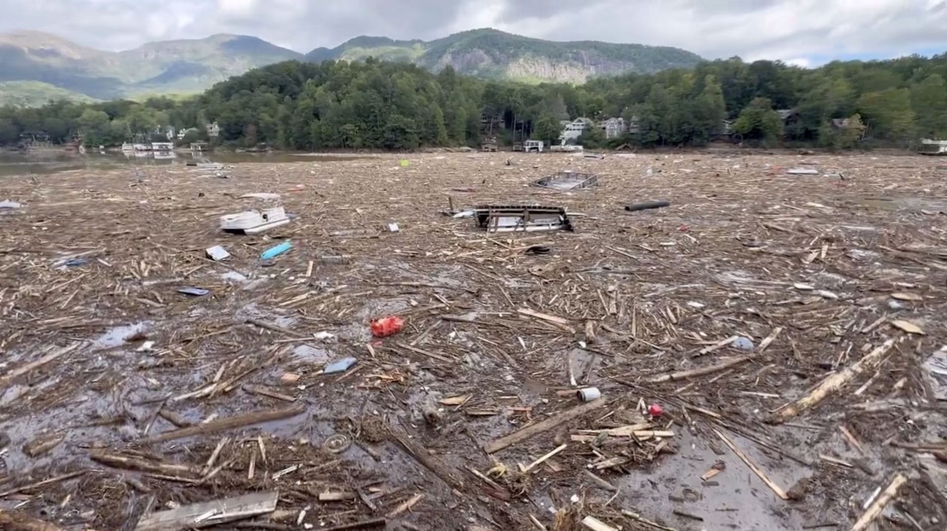 Debris floats following Hurricane Helene in the Lake Lure in North Carolina, September 29. Charlotte City Councilman Tariq Bokhari