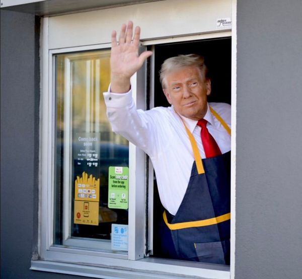 Former U.S. president Donald Trump waves from the drive-through pick up window of a McDonald's restaurant in Pennsylvania. | X (@realDonaldTrump)