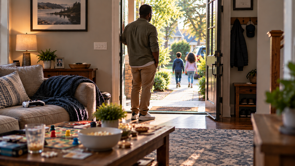 Father standing in an open doorway as his two children walk away, with games and snacks left in the living room.