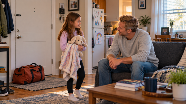 A father sitting on a sofa talking with his young daughter, who holds a stuffed animal and blanket, with an overnight duffel bag near the front door.