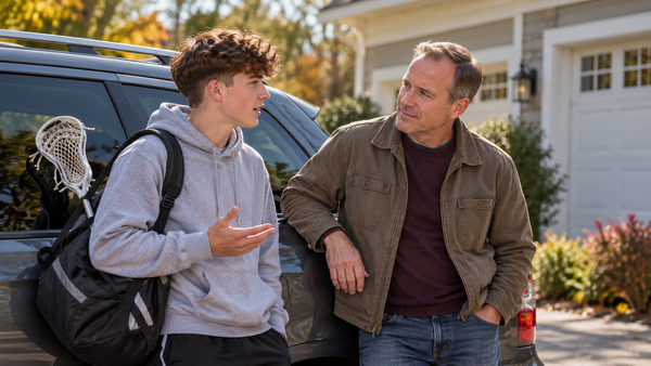 Father listening to his teenage son carrying a lacrosse bag and stick beside a parked SUV in a residential driveway.