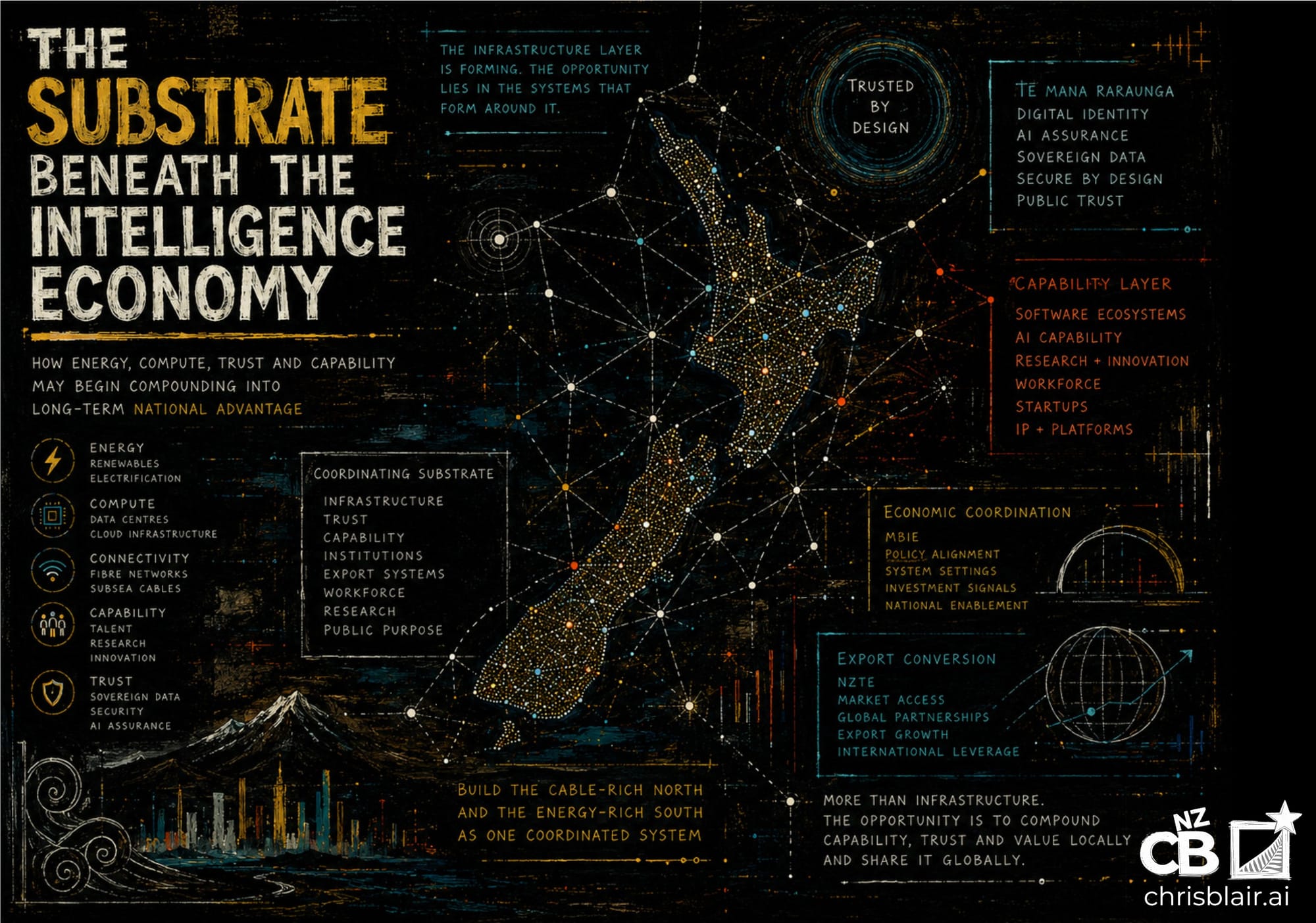 A systems-level visualisation of New Zealand’s emerging intelligence-economy substrate, showing interconnected layers of energy, compute, trust, sovereign capability, export systems, and institutional coordination forming around a networked national infrastructure architecture.