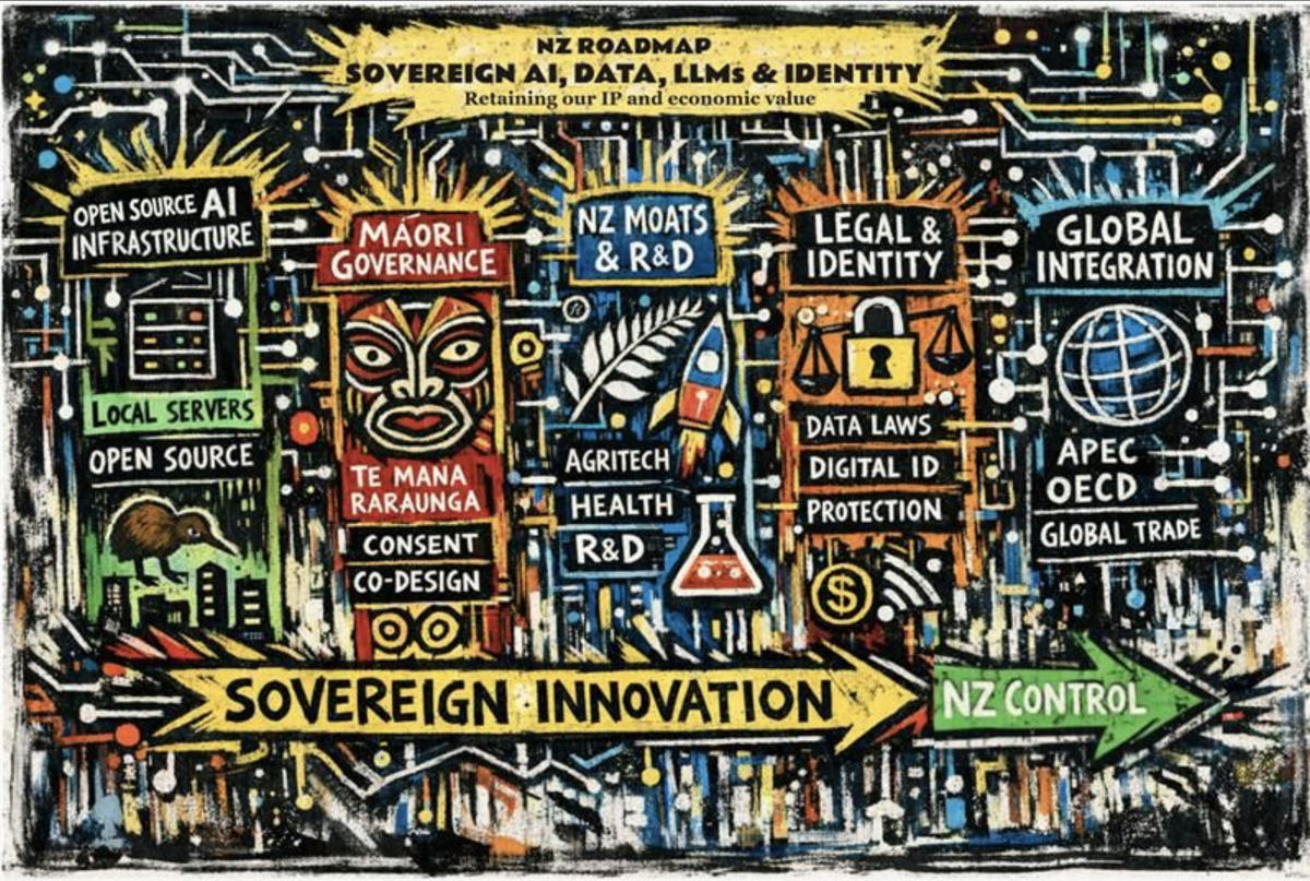 Diagram showing sovereign data, identity, and trust as the foundation of AI capability and competitive advantage in New Zealand