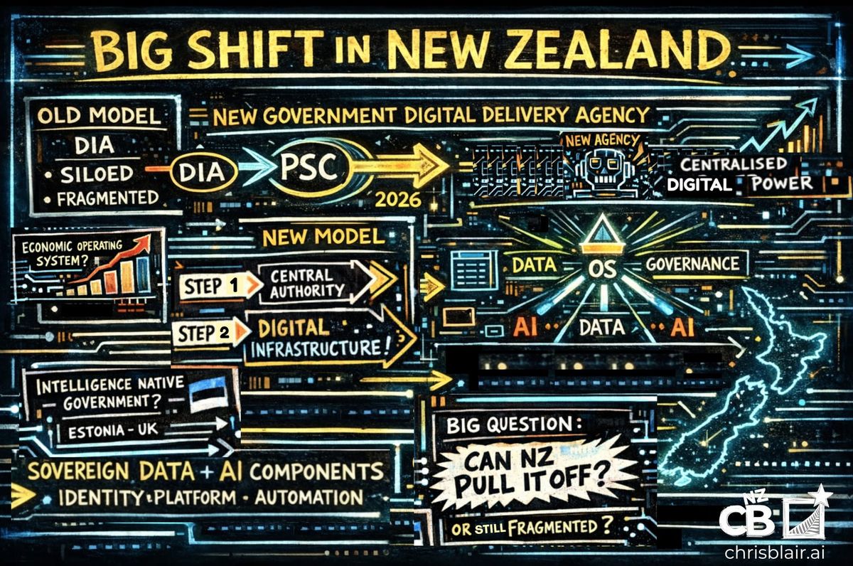 Government digital system diagram showing centralisation of digital capability as core public infrastructure in New Zealand