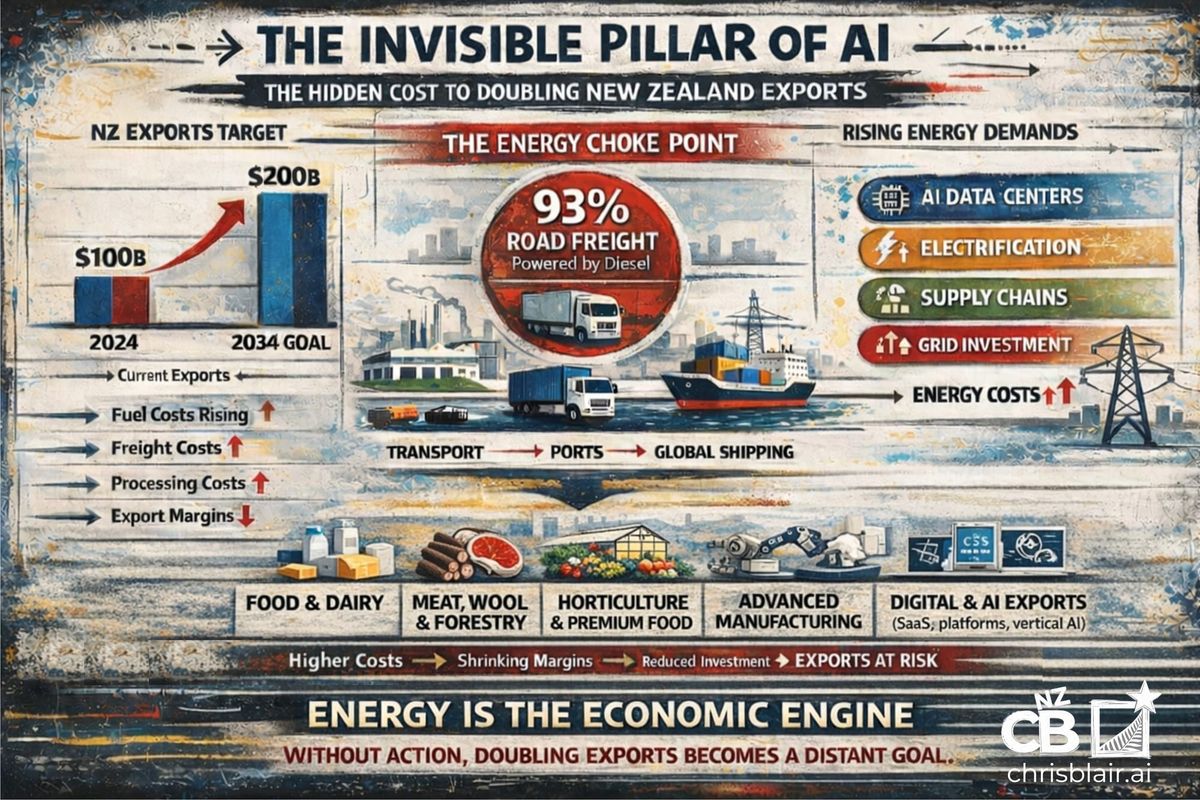 Energy infrastructure diagram showing electricity, fuel, and logistics as the underlying constraint on AI and economic growth