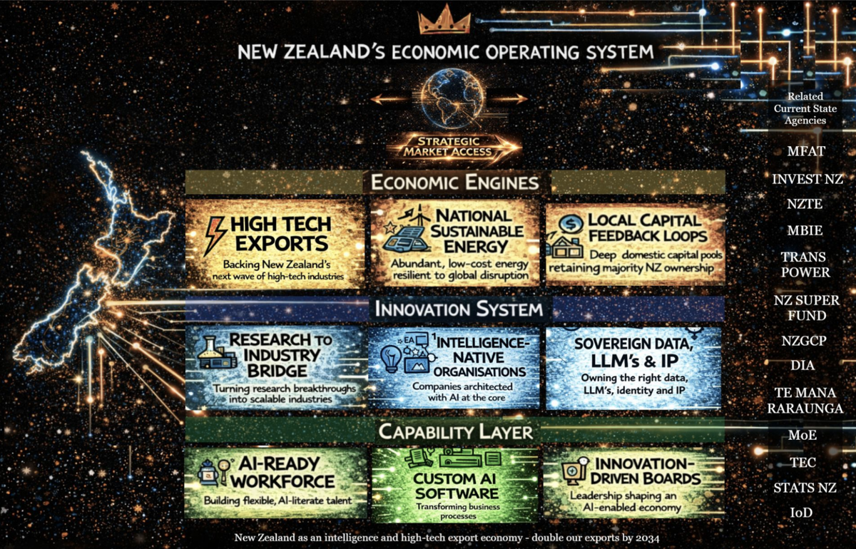 New Zealand Economic Operating System (NZ-EOS) showing nine pillars across economic, innovation and capability layers for building an intelligence-driven export economy.
