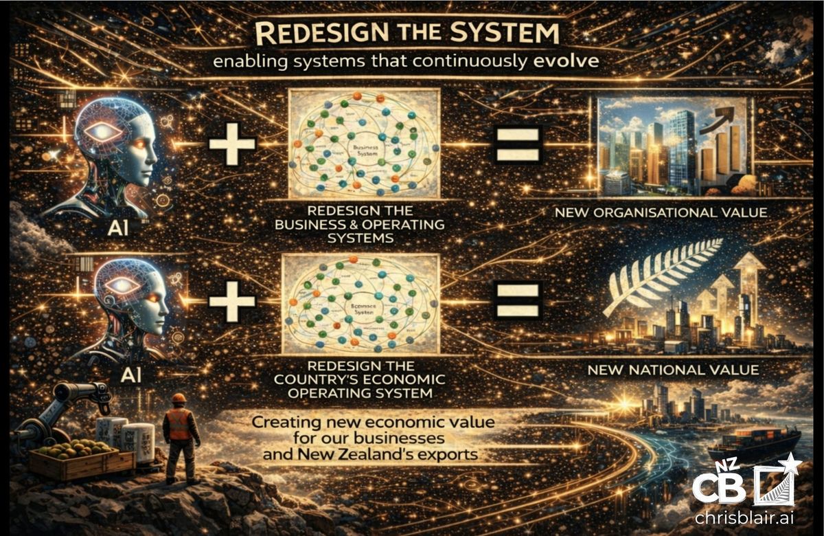 Diagram showing energy, digital infrastructure, and capability as core systems required to scale AI and export growth in New Zealand
