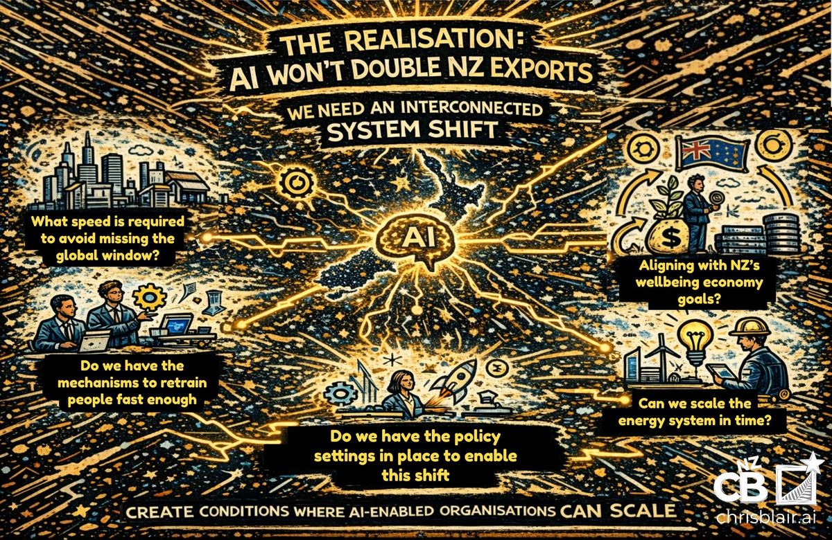 AI system diagram showing how exports, industries, capital, capability, and infrastructure connect as a national economic system