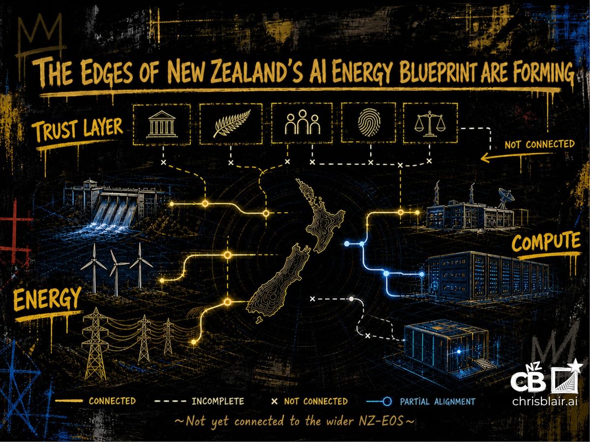 Futuristic style diagram showing New Zealand’s emerging AI energy blueprint with energy and compute infrastructure beneath a partially connected trust layer.