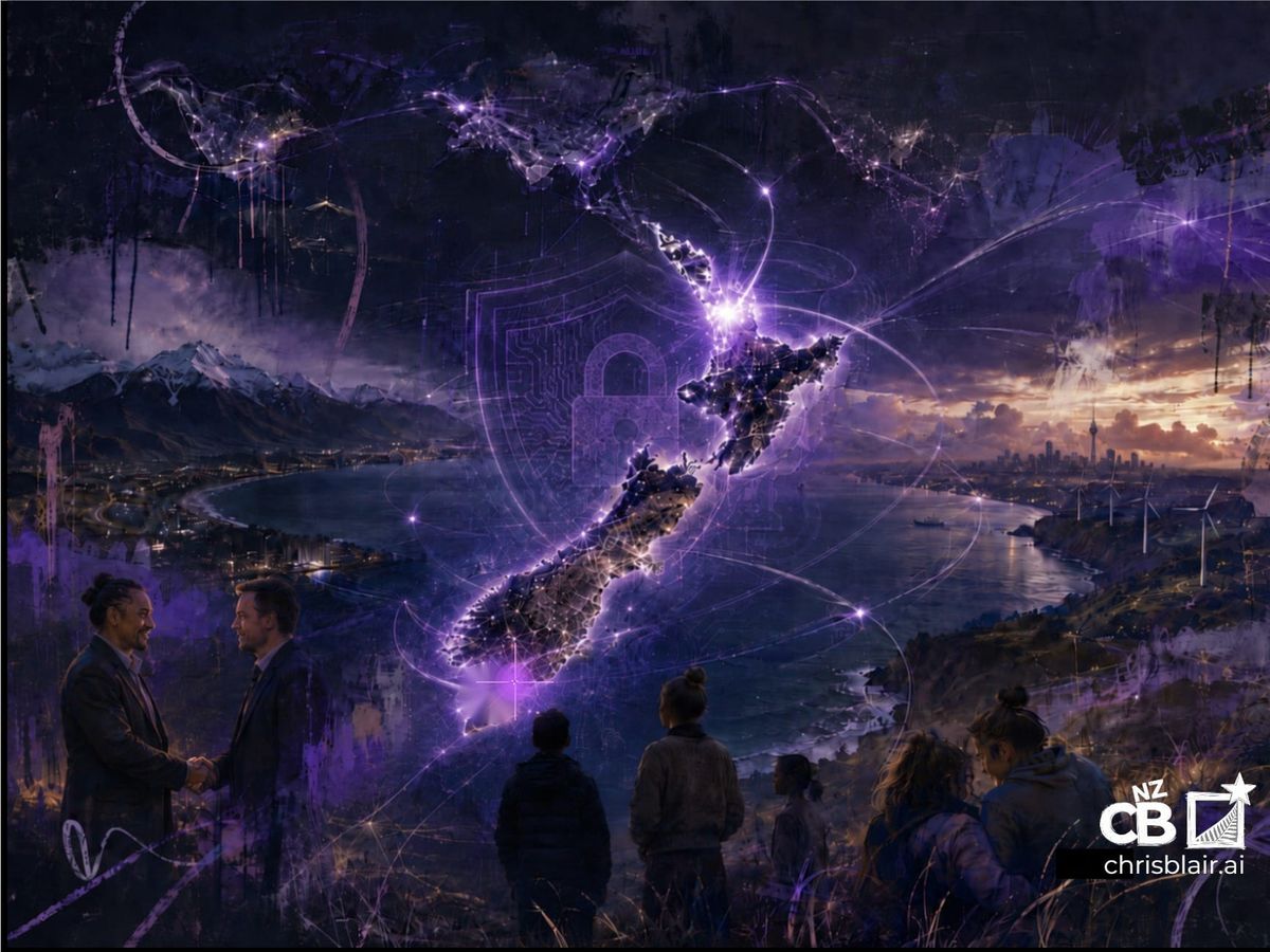 Digital artwork of New Zealand surrounded by purple trust networks, identity symbols, infrastructure, people, and global connections representing AI assurance and sovereign capability.