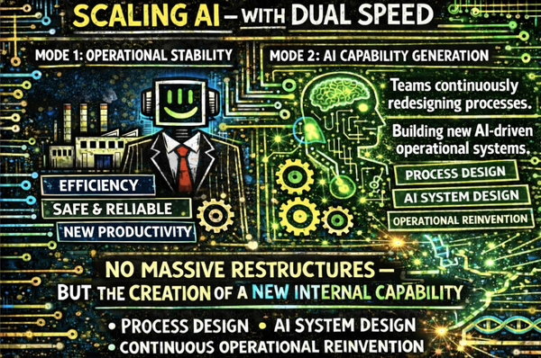 Organisational model showing dual-speed AI capability with operational stability and continuous process redesign working in parallel