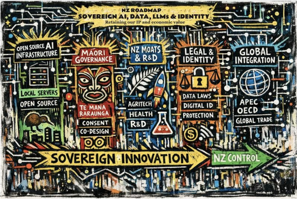 Diagram showing sovereign data, identity, and trust as the foundation of AI capability and competitive advantage in New Zealand