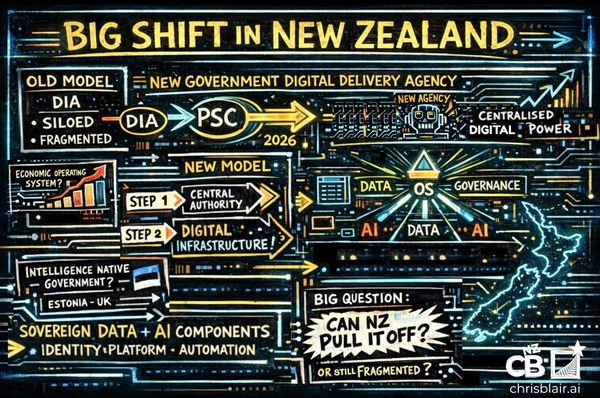 Government digital system diagram showing centralisation of digital capability as core public infrastructure in New Zealand