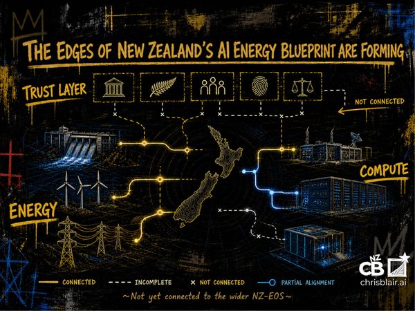 Futuristic style diagram showing New Zealand’s emerging AI energy blueprint with energy and compute infrastructure beneath a partially connected trust layer.