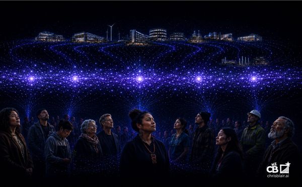 Conceptual illustration of diverse people beneath a horizontal band of AI agents and data nodes, linked to organisations and infrastructure above.
