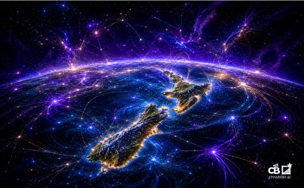 Stylised map of New Zealand glowing within a global network of blue, violet and gold connections across a dark Earth.