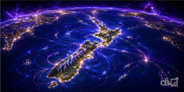 Stylised digital map of New Zealand with looping light trails connecting regions internally and outward to global networks.