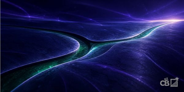Abstract indigo landscape with carved branching pathways converging toward a bright horizon.
