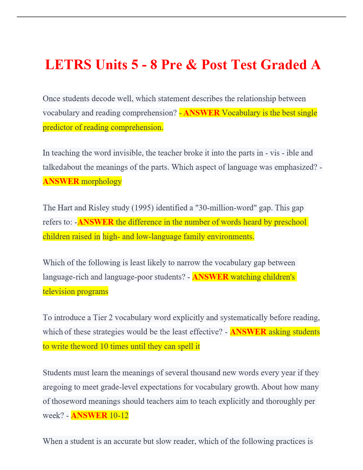 LETRS Units 5 - 8 Pre & Post Test Graded A | 40 Questions & Answers