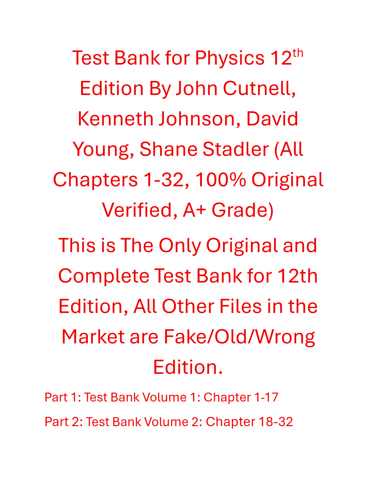 Test Bank Physics 12th Edition By John Cutnell, Kenneth Johnson, David Young, Shane Stadler