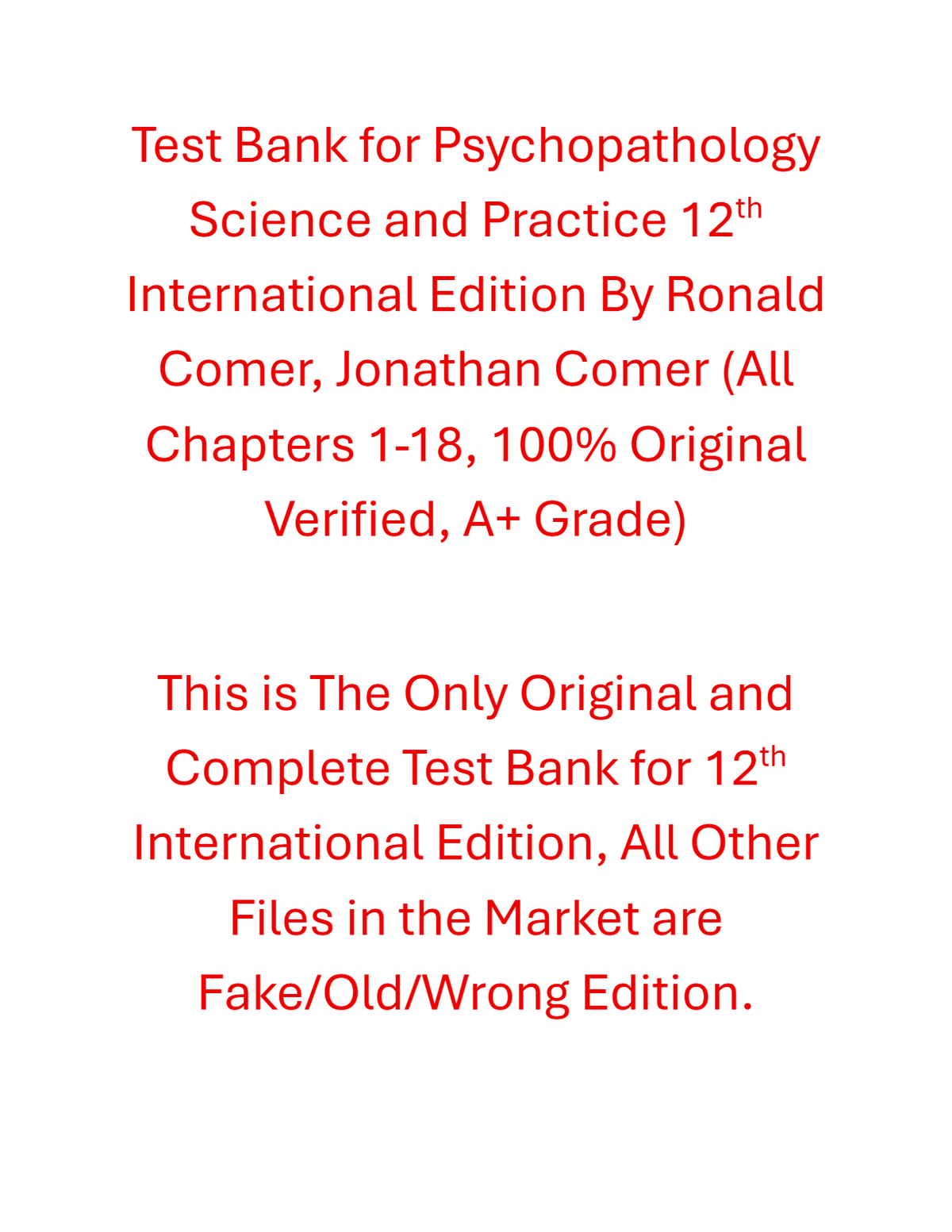 Test Bank Psychopathology Science and Practice 12th International Edition By Ronald Comer, Jonathan Comer