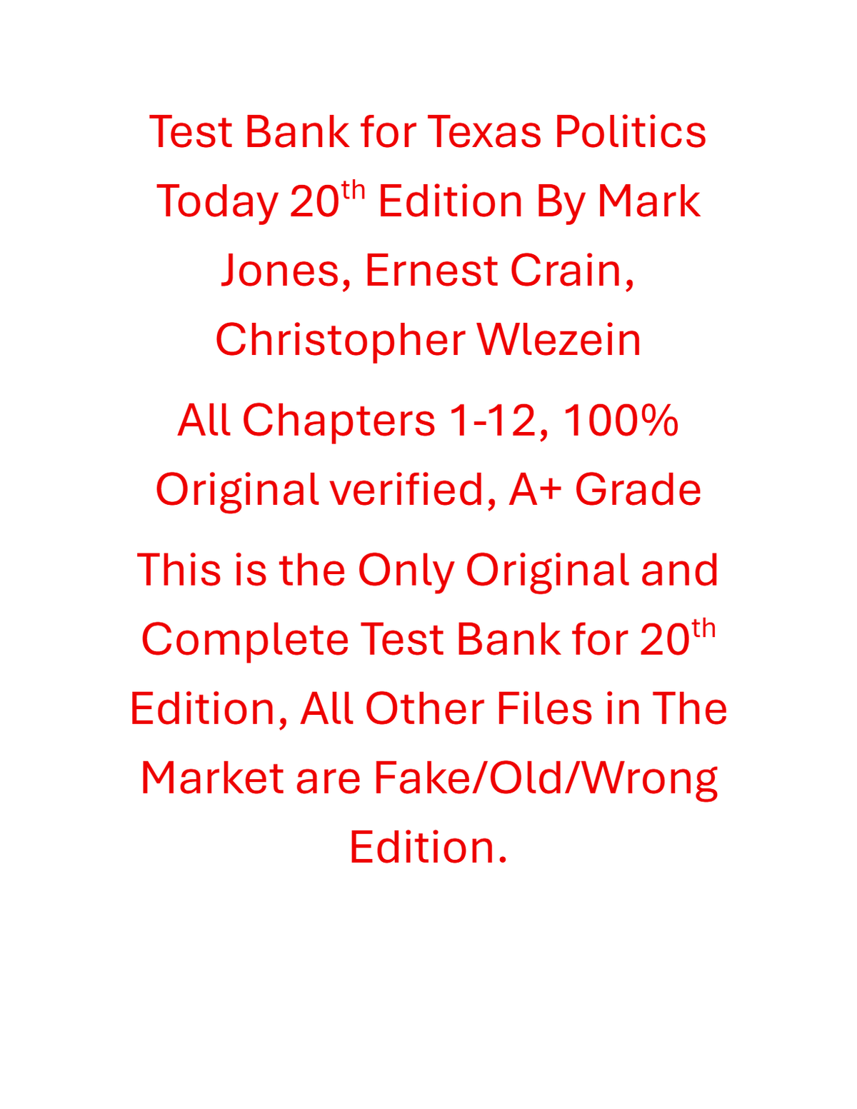 Test Bank Texas Politics Today 20th Edition By Mark Jones, Ernest Crain, Christopher Wlezein