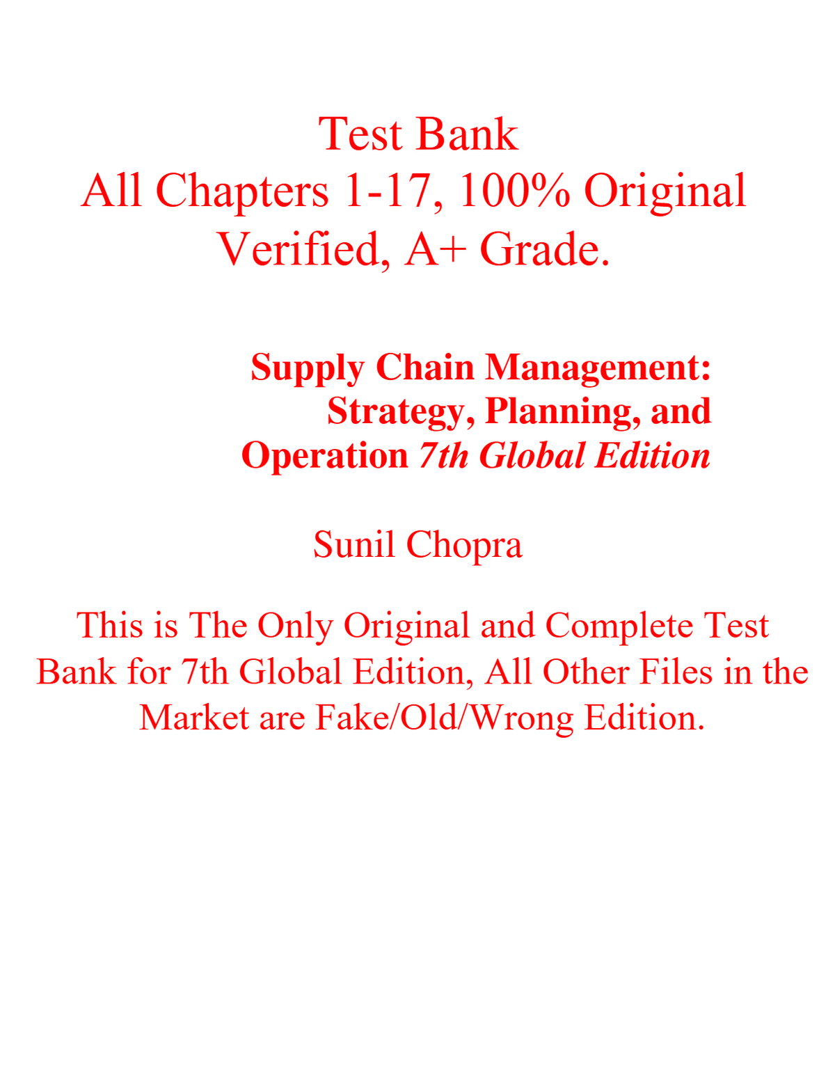 Test Bank for Supply Chain Management, Strategy, Planning, and Operation 7th Global Edition By Sunil Chopra
