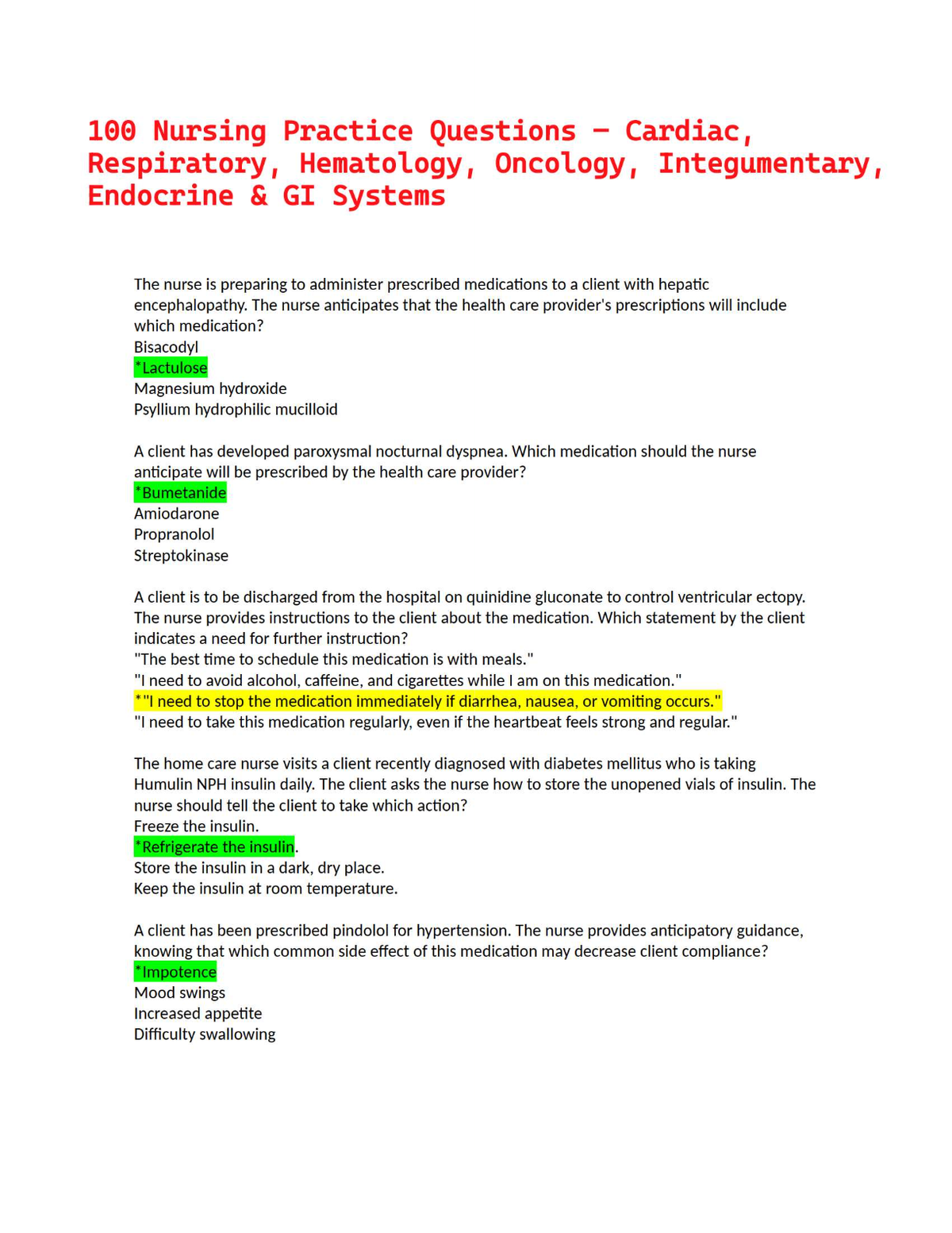 100 Nursing Practice Questions – Cardiac, Respiratory, Hematology, Oncology, Integumentary, Endocrine & GI Systems