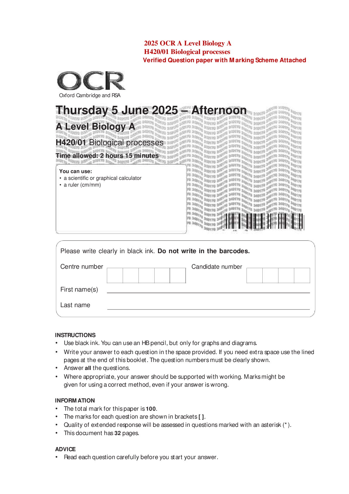 2025 OCR A Level Biology A H420/01 Biological processes Verified Question paper with Marking Scheme Attached