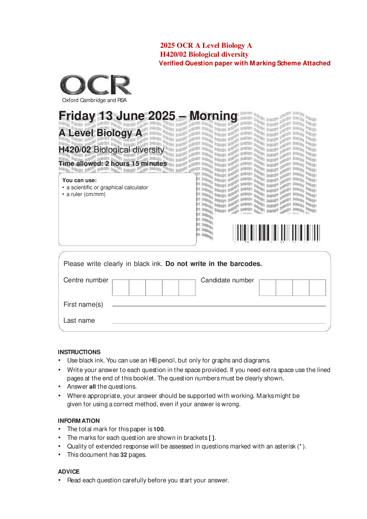 2025 OCR A Level Biology A H420/02 Biological diversity Verified Question paper with Marking Scheme Attached