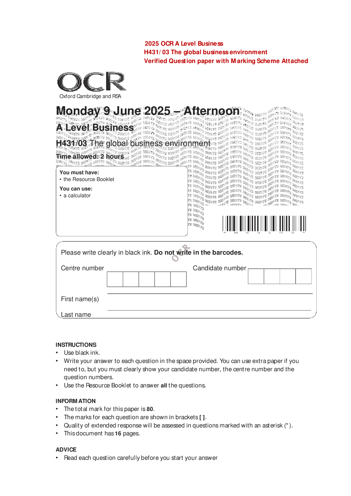 2025 OCR A Level Business H431/03 The global business environment Verified Question paper with Marking Scheme Attached